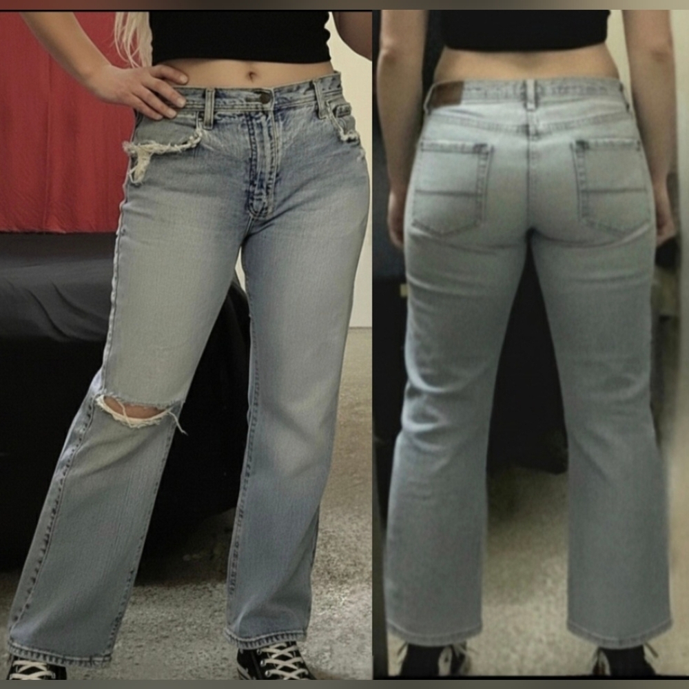 Vtg 90s Dockers light wash distressed denim baggy fit bootcut jeans 12 unisex